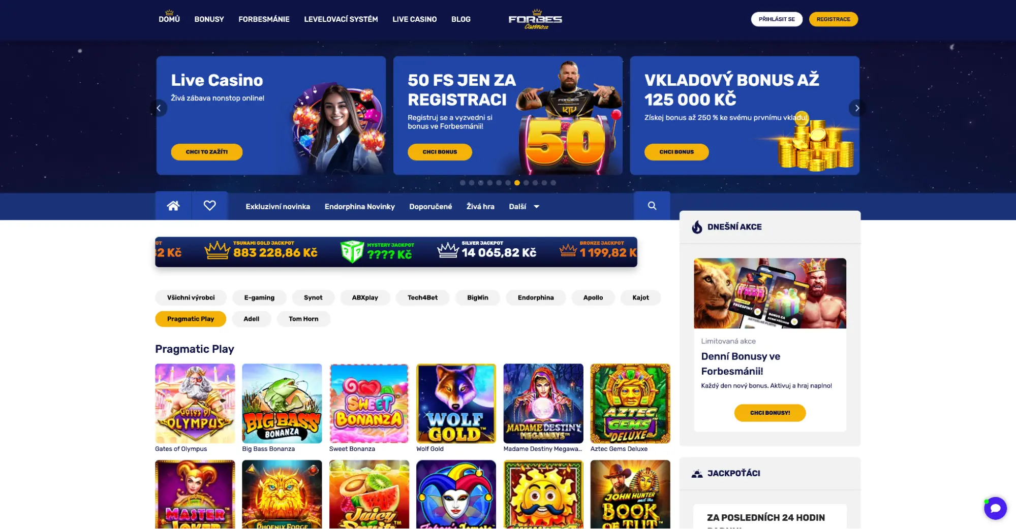 Domovská stránka Forbes Casino s bannery „Live Casino“, „50 FS za registraci“ a „Vkladový bonus 125 000 Kč“, lištou jackpotů a výběrem automatů Pragmatic Play.